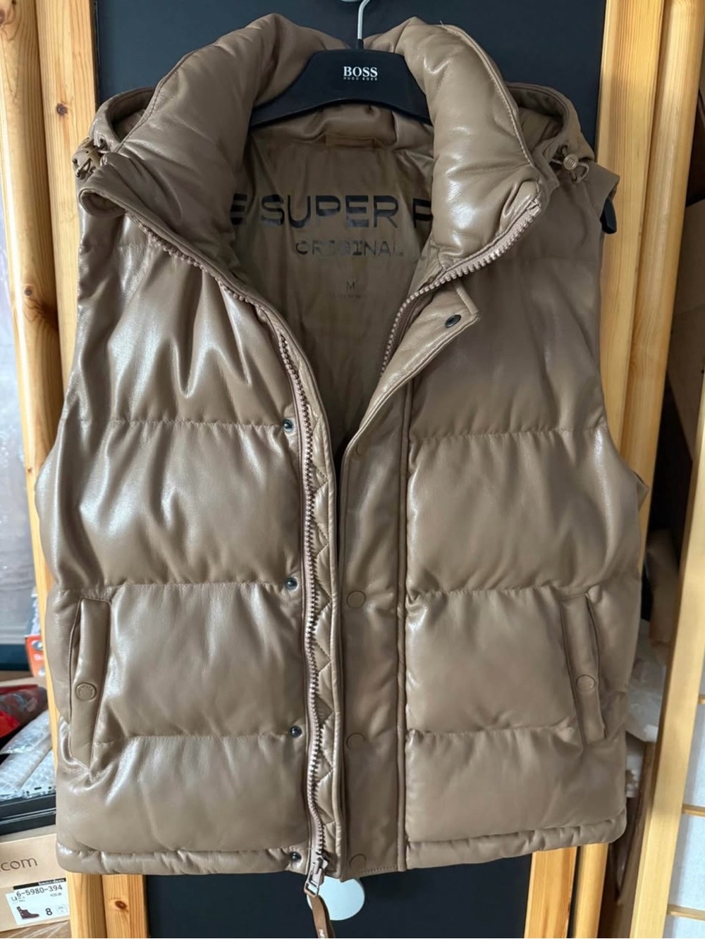 Aritzia Taupe Leather-Look Puffer Vest with Hood - Picture 2 of 3